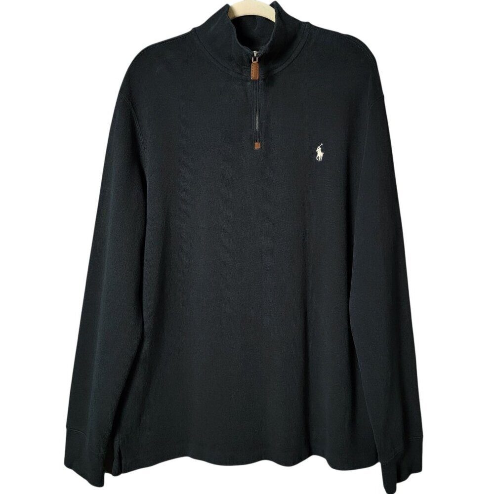 VTG Polo Ralph Lauren Black Cotton Quarter Zip 1/4 Mock Neck Pullover Sweater XL